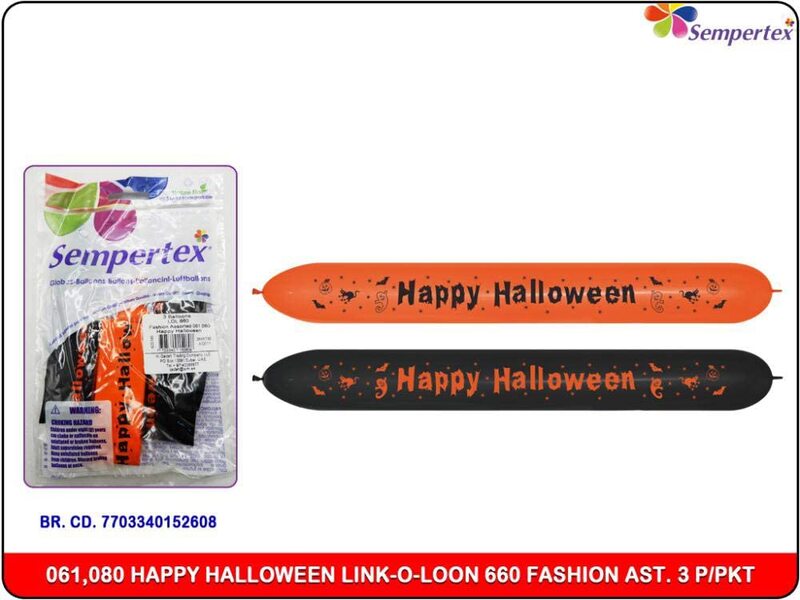 Sempertex Happy Halloween Party Decoration Printed Link O Loon 660 Latex Long Balloons, 3 Pieces, Fashion Assorted