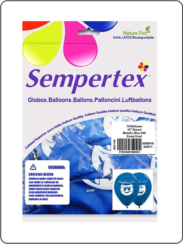 Sempertex 12-inch Emoji Grad Printed Latex Round Balloons, 10 Pieces, Metallic Blue