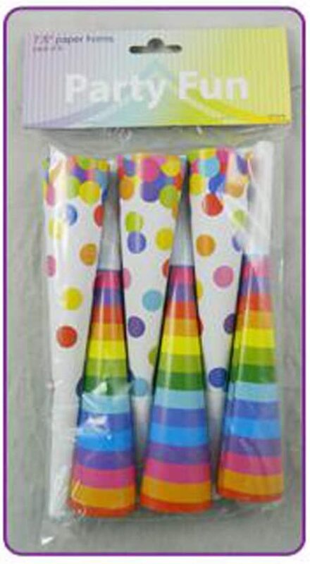 Party Fun Disposable Rainbow Printed Party Paper Horn, 7.5 inch, Multicolour