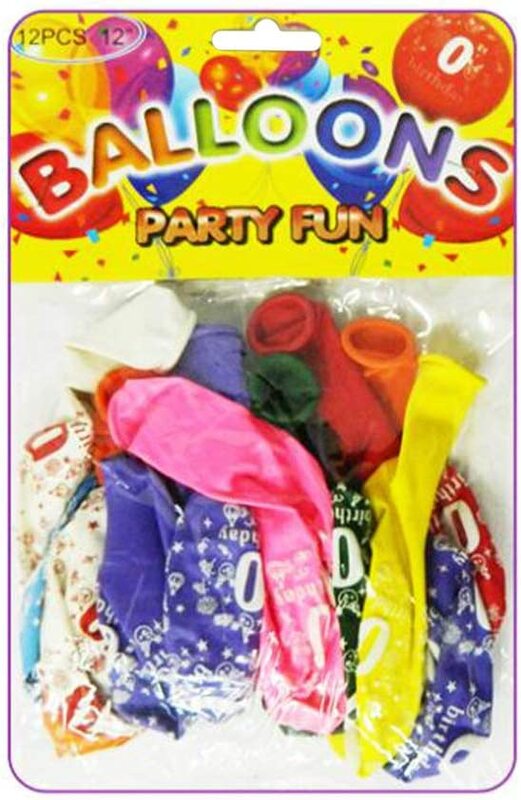 Party Fun Beautiful 12-inch Happy Birthday No.0 Printed Balloons, Pack of 12 Pieces, Assorted Colours