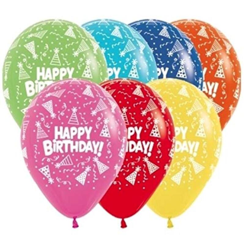 Sempertex 12-inch Happy Birthday Hats Printed Latex Round Balloons, 12 Pieces, Fashion Assorted