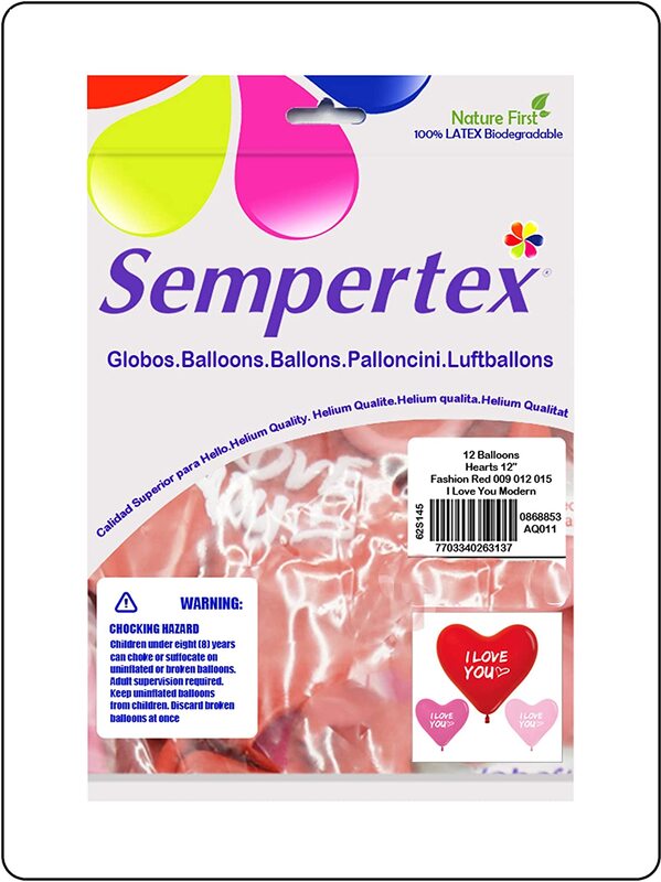 Sempertex 12-inch I Love You Printed Latex Heart Shape Balloons, 12 Pieces, Fashion Assorted