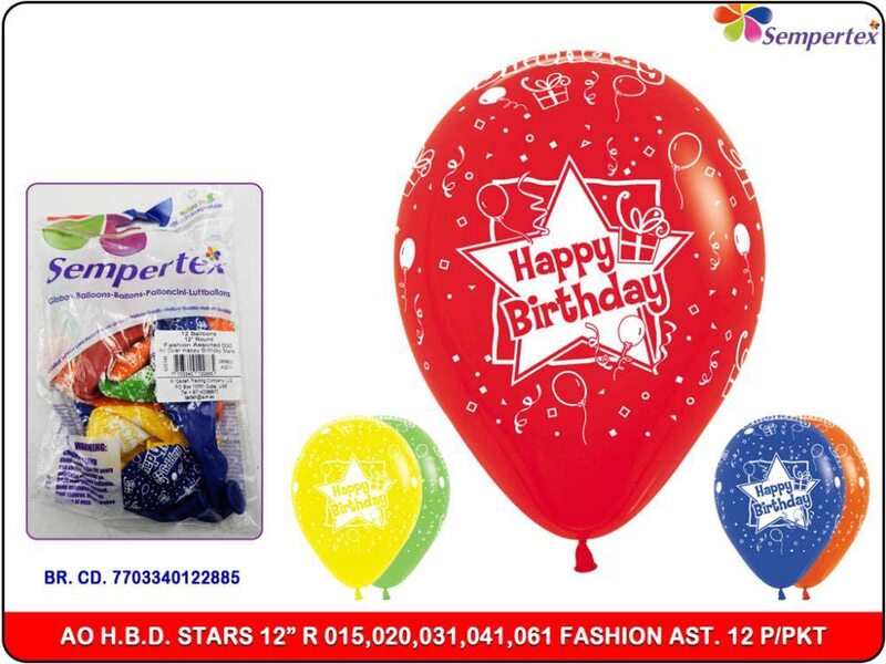 Sempertex 12-inch Happy Birthday Stars Printed Latex Round Balloons, 12 Pieces, Fashion Assorted