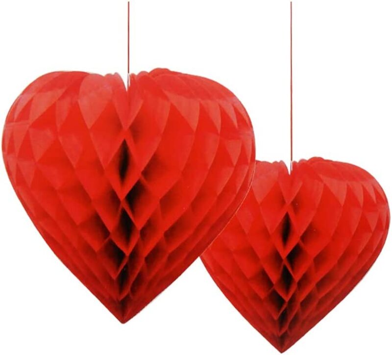 Party Fun Beautiful & Attractive Heart Shaped Honey Combed Decoration Ball, 2 Piece, Red