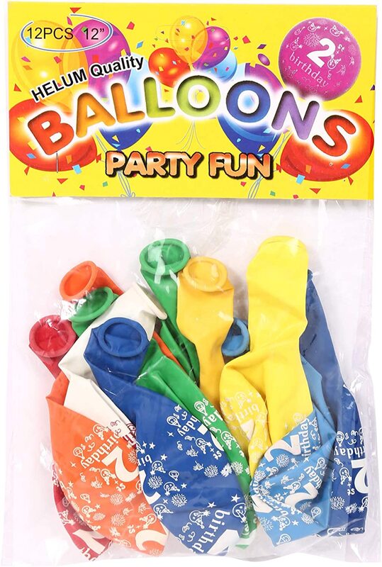 Party Fun 12-inch No. 2 Birthday Balloons, Pack of 12 Pieces, Multicolour