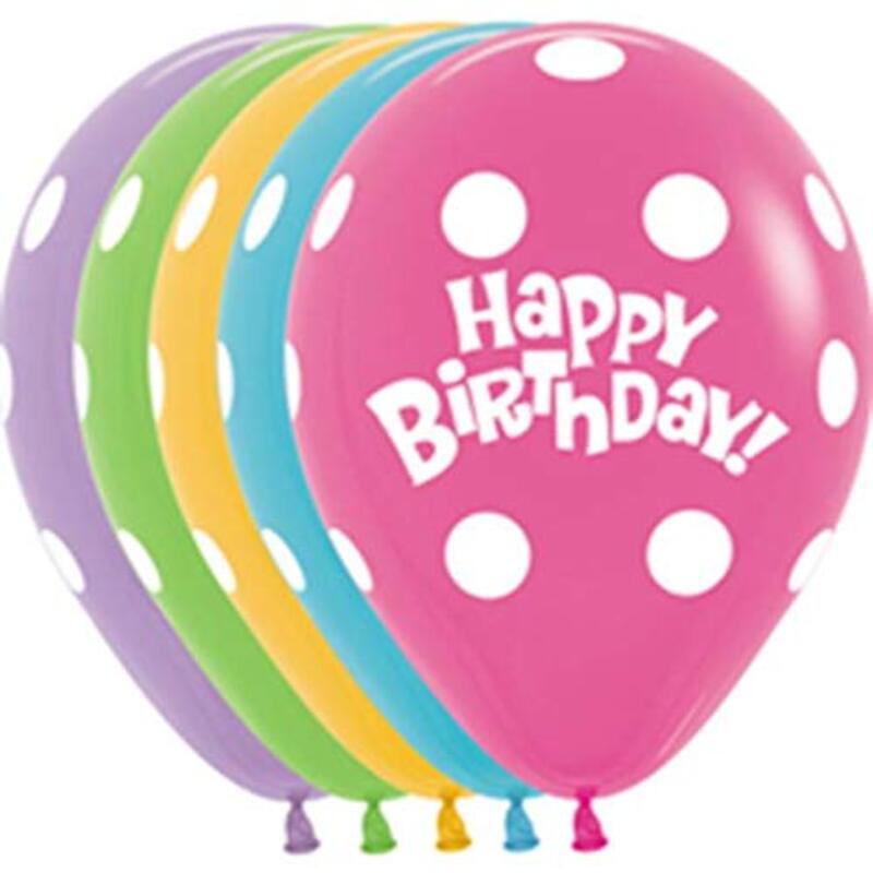 Sempertex 12-inch Happy Birthday Polka Printed Latex Round Balloons, 12 Pieces, Assorted