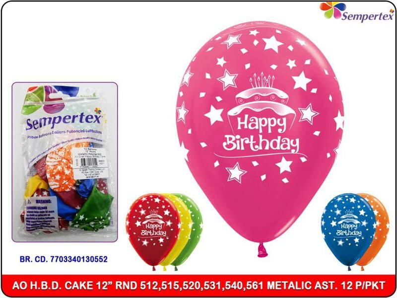 Sempertex 12-inch Happy Birthday Cake Printed Latex Round Balloons, 12 Pieces, Metallic Assorted