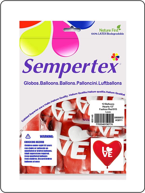 Sempertex 12-inch Love Printed Latex Heart Shape Balloons, 12 Pieces, Fashion Red