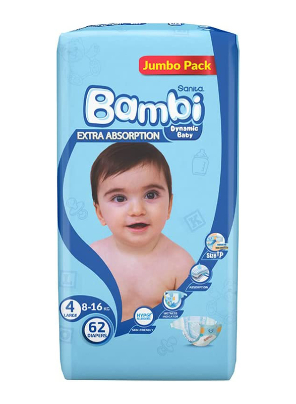 Sanita Bambi Extra Absorption Baby Diapers, Size 4, Large, 8-16 Kg, 62 Counts