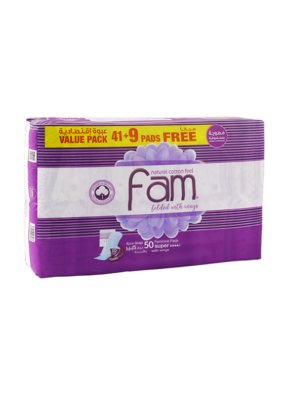 Fam Super Sanitary Pads with Wings, 50 Pieces