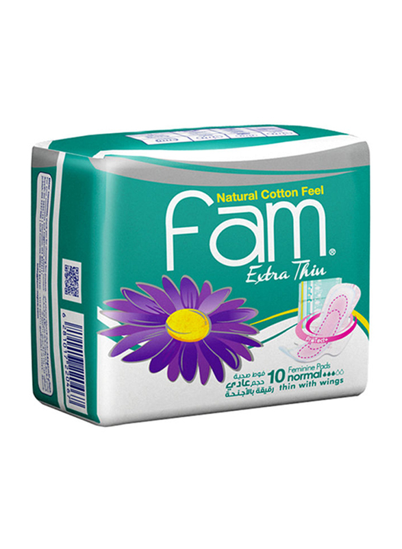 Fam Extra Thin Sanitary Pads with Wings, Regular, 10 Pieces