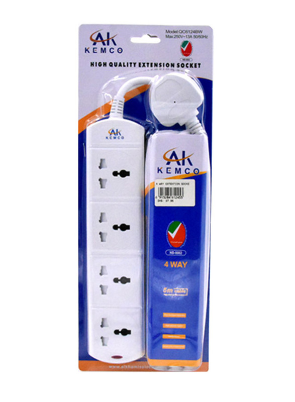Ak Kemco 4 Way Uk Plug Extension Socket With Cable, 5-Meter, White