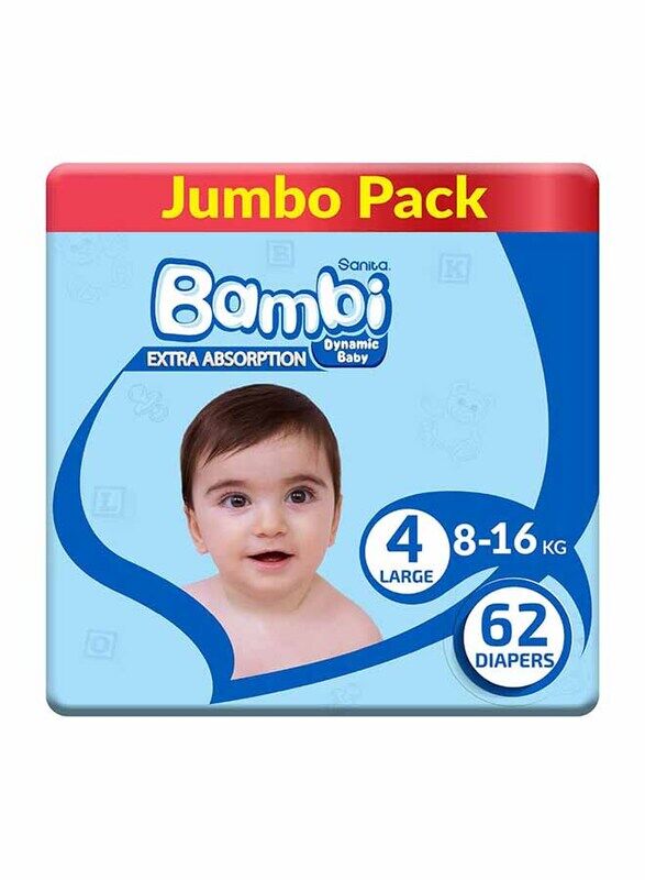 

Sanita Bambi Extra Absorption Baby Diapers, Size 4, Large, 8-16 Kg, 62 Counts