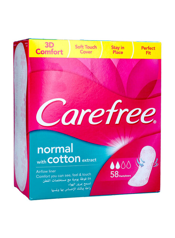 

Carefree 3D Comfort Cotton Extract Airflow Panty Liners Sanitary Pads, Normal, 58 Pieces