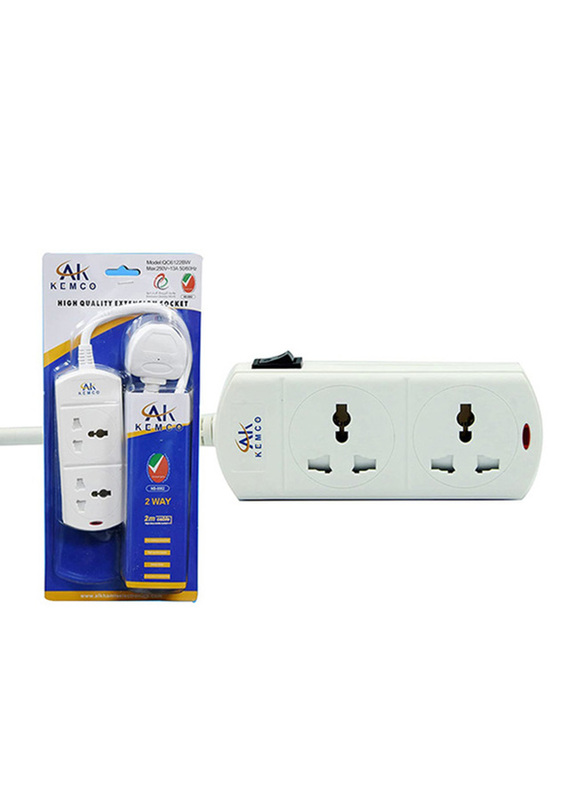 Ak Kemco 2-Way UK Plug Extension Sockets with 2-Meter Cable, White