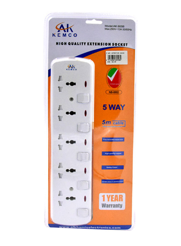Ak Kemco 5 Way Uk Plug Extension Socket, 5-Meter, White