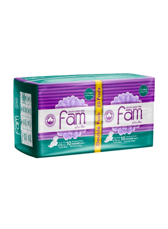 Fam Extra Thin Normal Double Pack Sanitary Pads with Wings, 20 Pieces