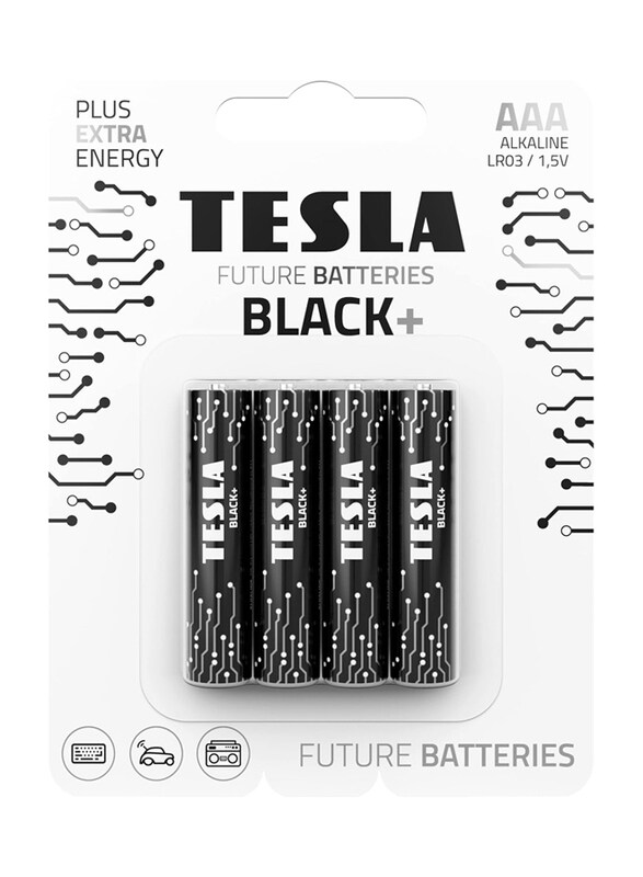 

Tesla Black+ AAA 1.5V Alkaline Batteries, 4 Pieces, Black