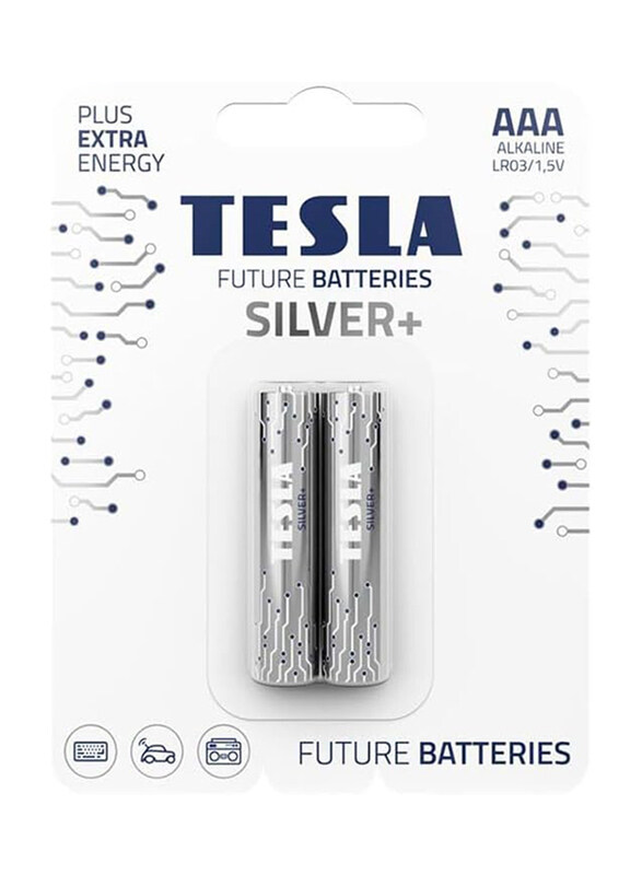 Tesla Silver+ AAA 1.5V Alkaline Batteries, 2 Pieces, Silver