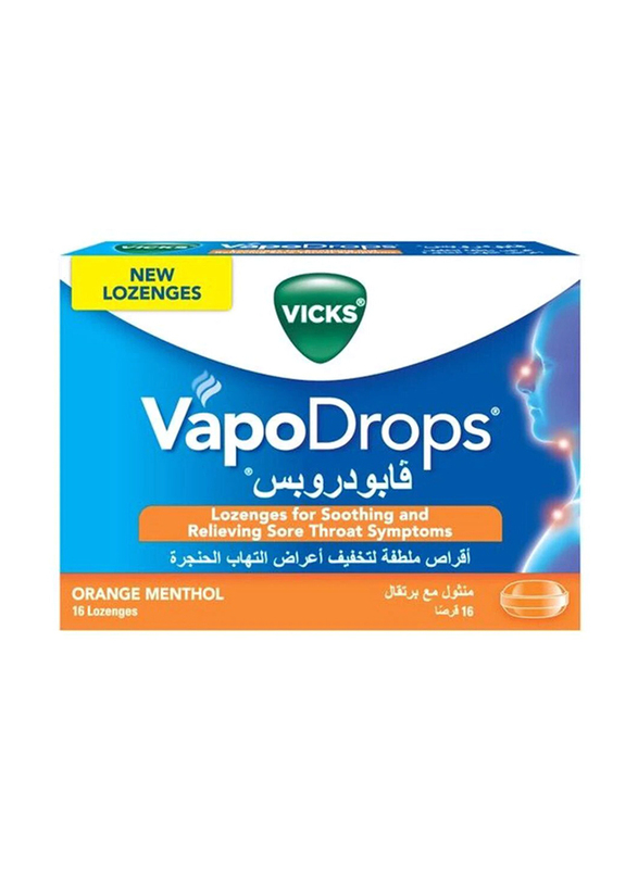 Vicks Vapo Drops Lozenges Orange & Menthol Flavor for Cough, Blocked Nose & Sore Throat, 16 Lozenge