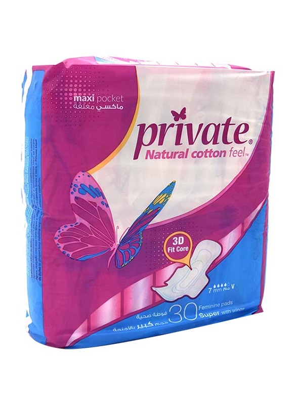 Private Natural Cotton Feel Thin Super with Wing Sanitary Pads, 30 Pads