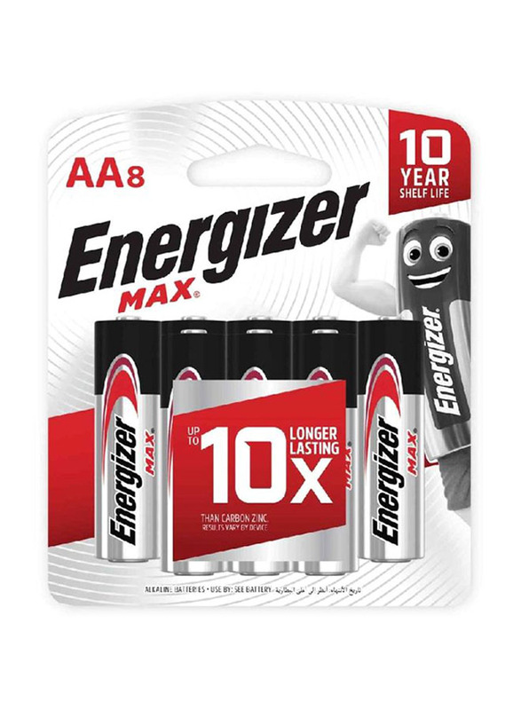 Energizer Max 1.5V 10 x Longer Lasting AA8 Batteries, 8 Pieces, Silver/Black