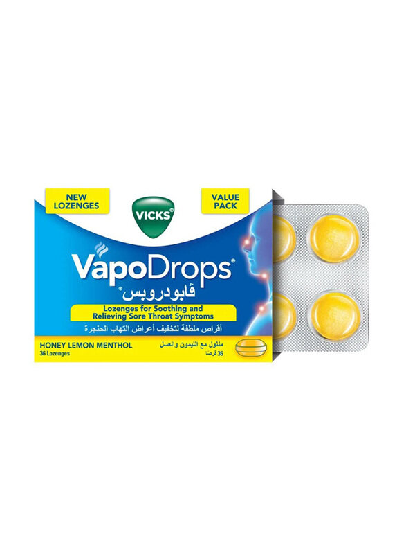 

Vicks VapoDrops Honey Lemon Menthol Throat Drops, 36 Lozenges