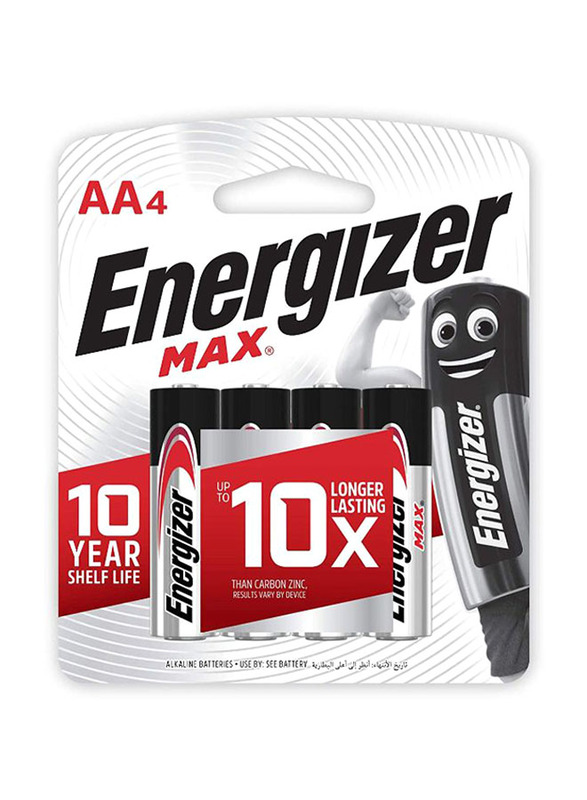 Energizer Max 1.5V 10 x Longer Lasting AA4 Batteries, 4 Pieces, Silver/Black
