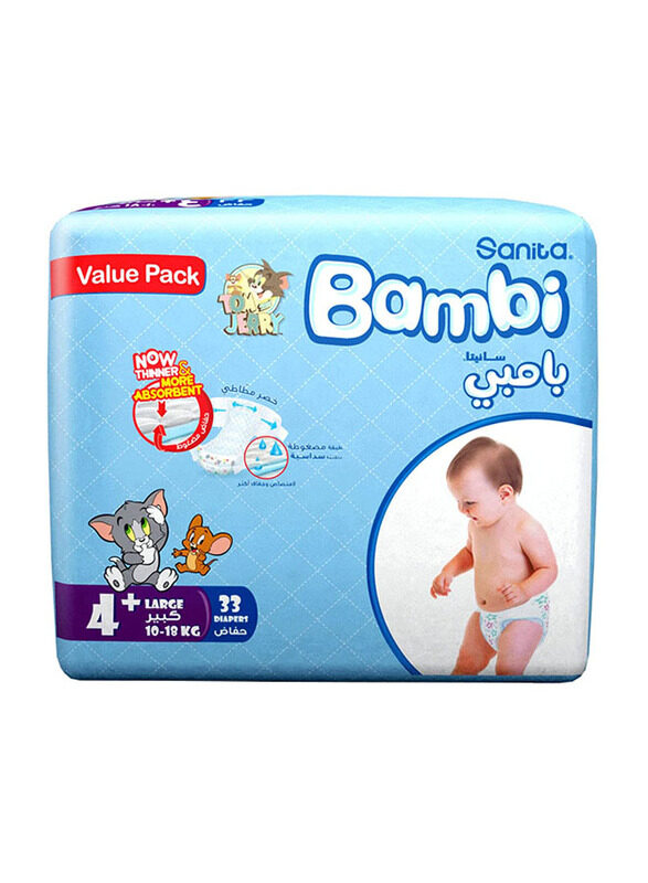 

Sanita Bambi Baby Diapers, Size 4+, Large plus, 10-18 kg, Value Pack, 33 Count