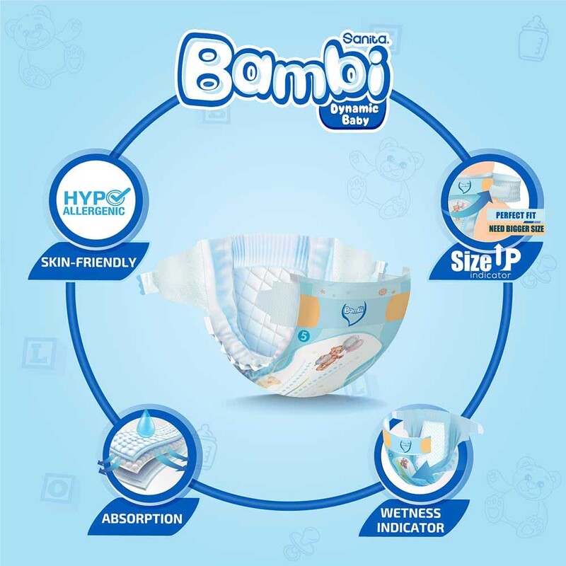 Sanita Bambi Extra Absorption Baby Diapers, Size 5, X-Large, 12-22 Kg, 11 Counts