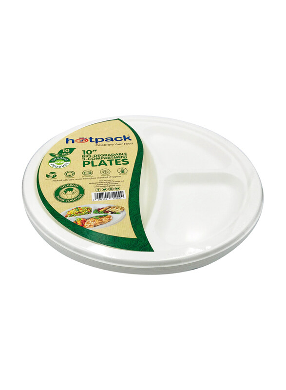 

Hotpack 10-Inch 10-Piece Bio-Degradable Round 3 Compartment Paper Pulp Plate, White