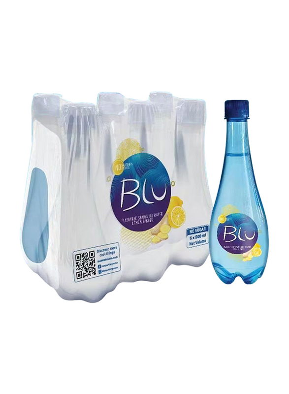 Blu No Sugar Lemon & Ginger Flavour Sparkling Water, 6 x 500ml