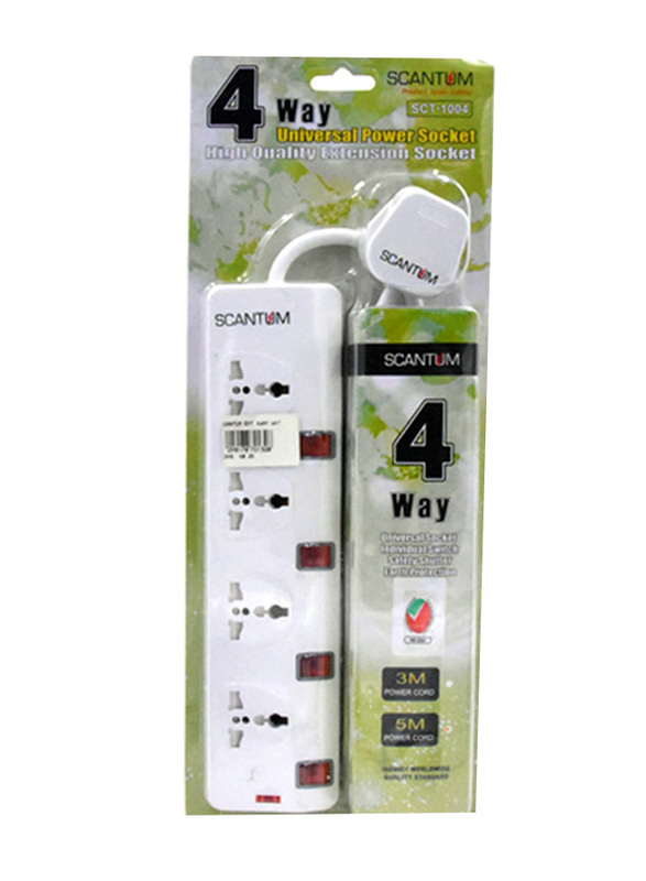 Scantum 4 Way Universal Power Socket, 5 Meter Cable, White