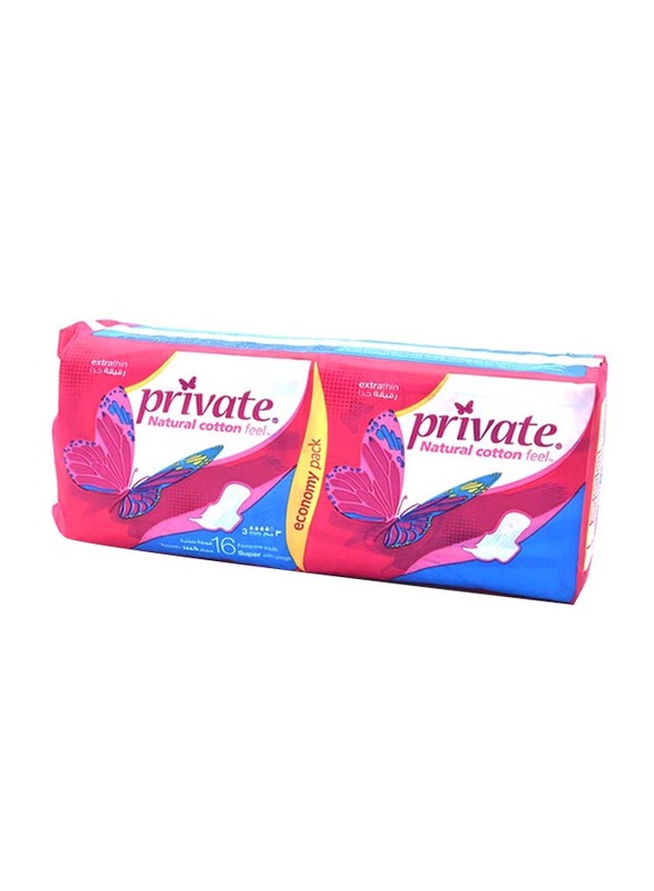 Private Natural Cotton Feel Extra Thin Super with Wing Sanitary Pads, 16 Pads