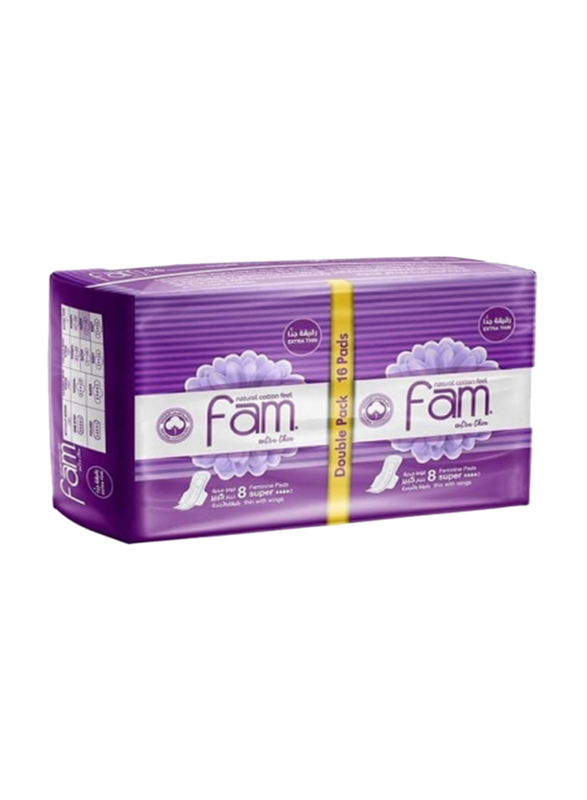 Fam Extra Thin Super Double Pack Sanitary Pads with Wings, 16 Pieces