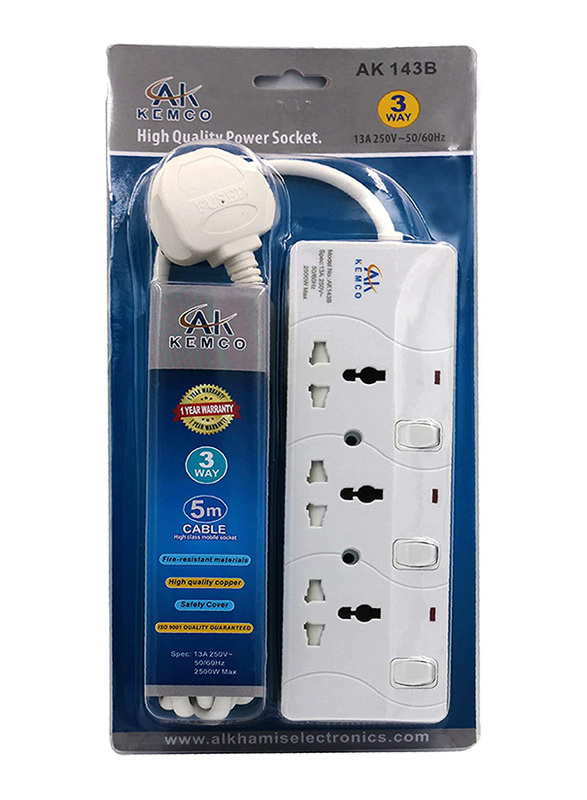 Ak Kemco 3-Way UK Plug Extension Sockets with 5-Meter Cable, White