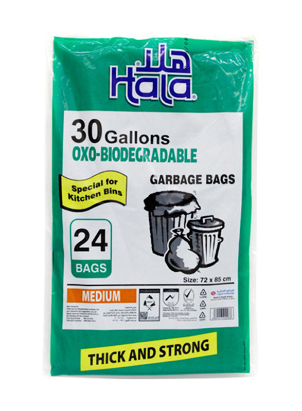 Hala Thick and Strong OXO-Biodegradable Medium Trash Bags, 24 Bags x 30 Gallons