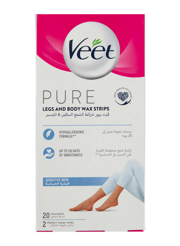 Veet Pure Legs & Body Wax Strips for Sensitive Skin, Multicolour, 20 Strips