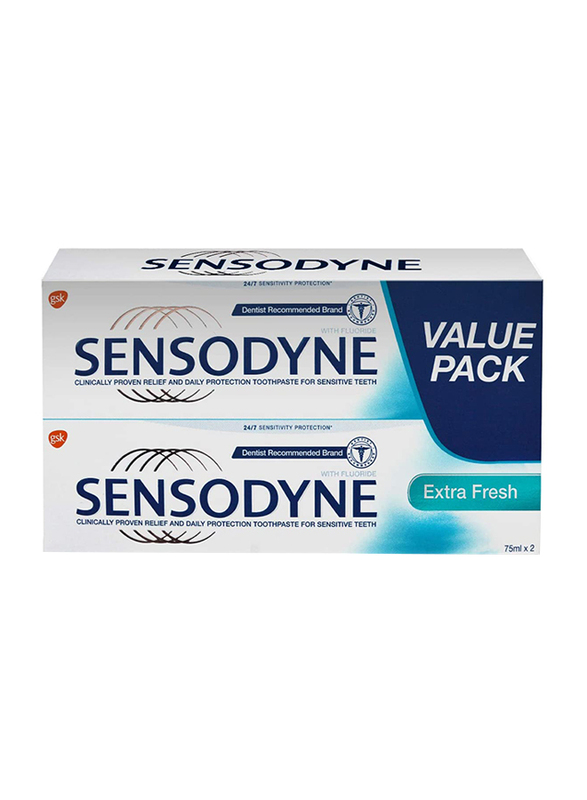 Sensodyne Toothpaste for Sensitive Teeth with Extra Fresh Flavour, 2 x 75ml