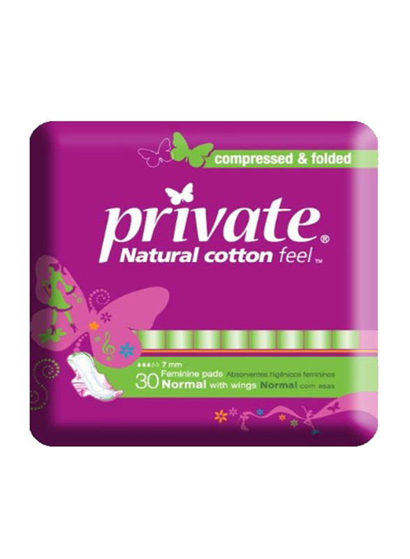 Private Natural Cotton Feel Maxi Trifold Sanitary Pads with Wings, Normal, 30 Pads