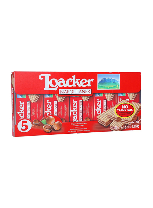 Loacker Napolitano Crispy Wafer Filled with Hazelnut Cream, 5 Packs x 45g