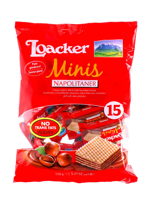 Loacker Minis Napolitano Crispy Wafers filled with Hazelnut Cream, 15 Pieces, 150g