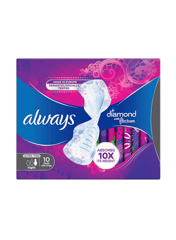 Always Diamond Flex Foam Ultra Thin Large Night Pads with Wings, 10 Piece