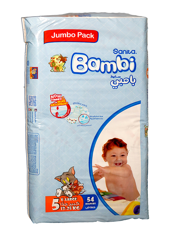 Sanita Bambi Extra Absorption Baby Diapers, Size 5, X-Large+, 12-22 Kg, 54 Counts