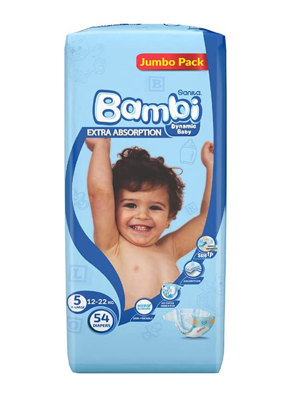 Sanita Bambi Extra Absorption Baby Diapers, Size 5, X-Large+, 12-22 Kg, 54 Counts