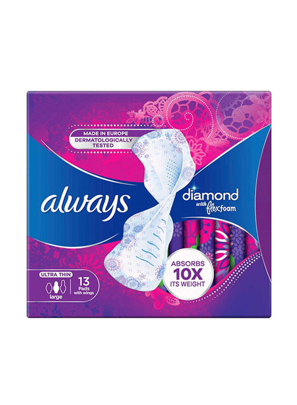 

Always Diamond Flex Foam Ultra Thin Large Pads with Wings, 13 Pieces