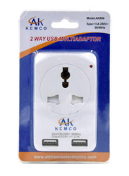 Ak Kemco 3 Way USB Multi Adaptor, 220-240V, White