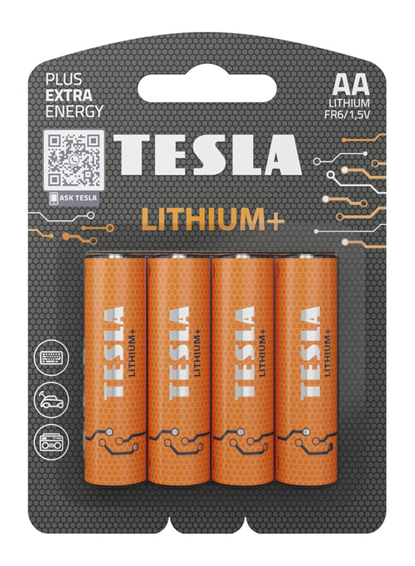 

Tesla Lithium+ AA 1.5V Extra Energy Batteries, 4 Pieces, Orange