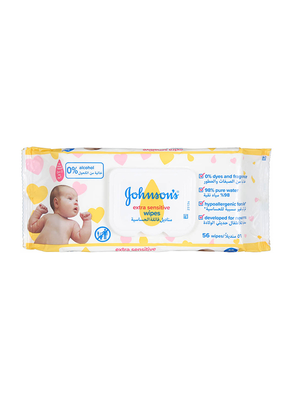 Johnson's 56-Piece Extra Sensitive Wipes, Newborn, White