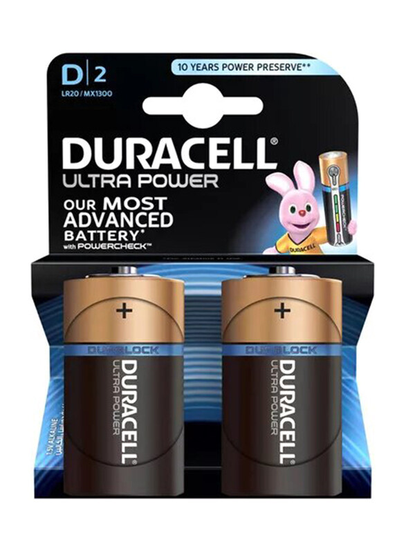 

Duracell Ultra Power Type D Alkaline 9V Batteries, 2 Pieces, Black/Gold